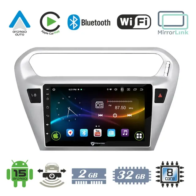 VenCore Οθόνη Multimedia Android 15 9" 9109A MTK6762 Octa-Core 2GB/32GB IPS με Πρόσοψη, CarPlay, Android Auto και Υποστήριξη Κάμερας Οπισθοπορείας AHD για Peugeot 301 2012-2023 – Ασημί (3236-10007-0070S)
