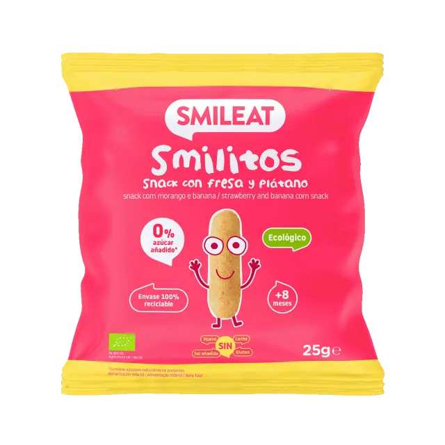 Smileat, Snack Καλαμποκιού Smilitos, με Φρούτα, Βιολογικής Προέλευσης με Έξτρα Παρθένο Ελαιόλαδο, Φράουλα- Μπανάνα, Χωρίς Γλουτένη, 25gr