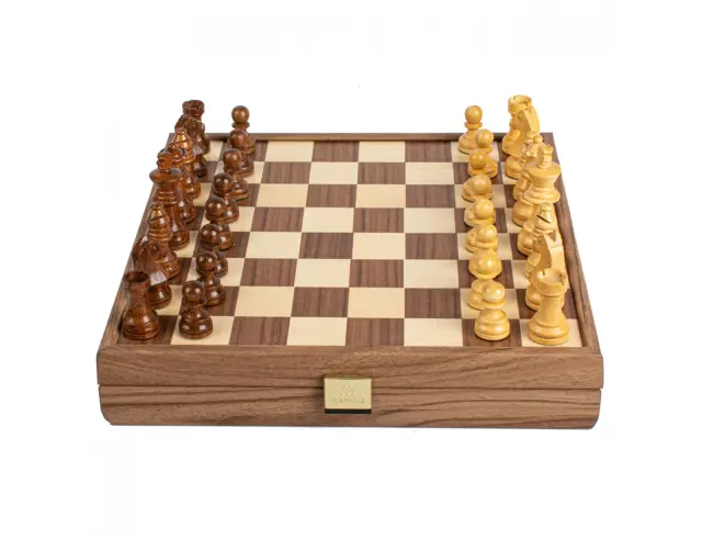 Σετ Χειροποίητο Σκάκι Wooden Chess Manopoulos από Ξύλο, με πιόνια Staunton, θήκη αποθήκευσης και διαστάσεις 27x27cm - Walnut SKW4130K