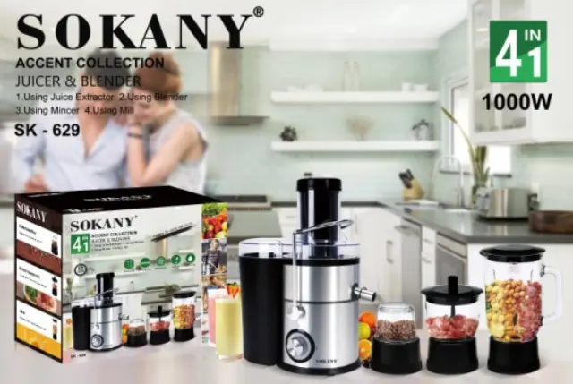 Πολυμηχάνημα Sokany SK-629 4 σε 1 - Αποχυμωτής, μπλέντερ, κρεατομηχανή, μύλος 1000W