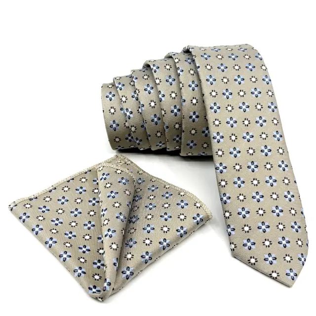 Γραβάτα Microfiber σε Μπεζ Φόντο Σετ με Μαντηλάκι 3
