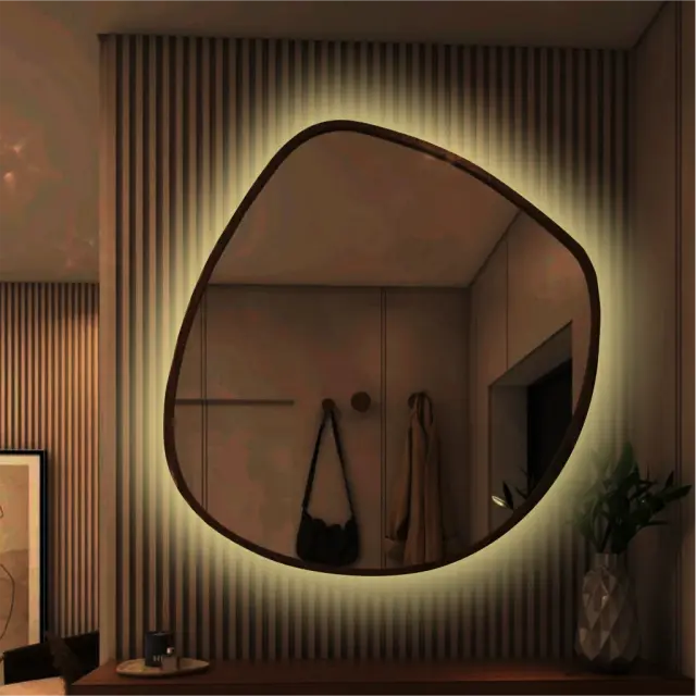 Stewehome Καθρέφτης Τοίχου με LED και Ξύλινη Καμπυλωτή Κορνίζα 90x18x90 cm 2