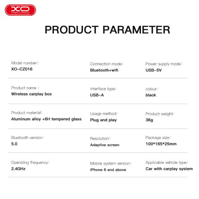 XO CZ016 Carplay Screen Box 16.001.0163 3
