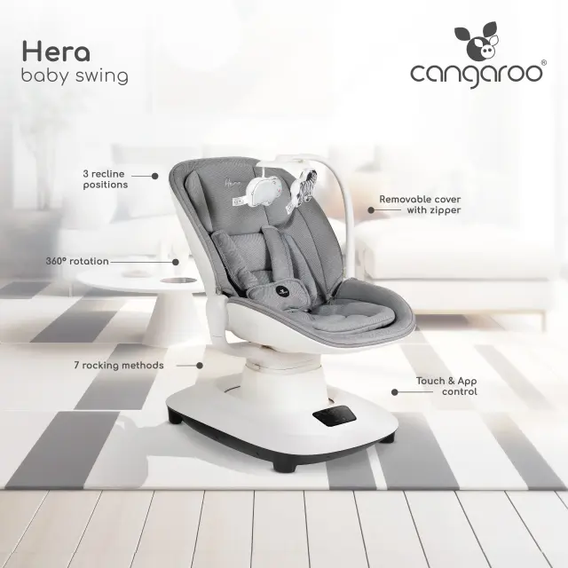 Cangaroo Hera Ηλεκτρική Κούνια Ρηλάξ με Bluetooth και Περιστροφή 360 Light Grey 2