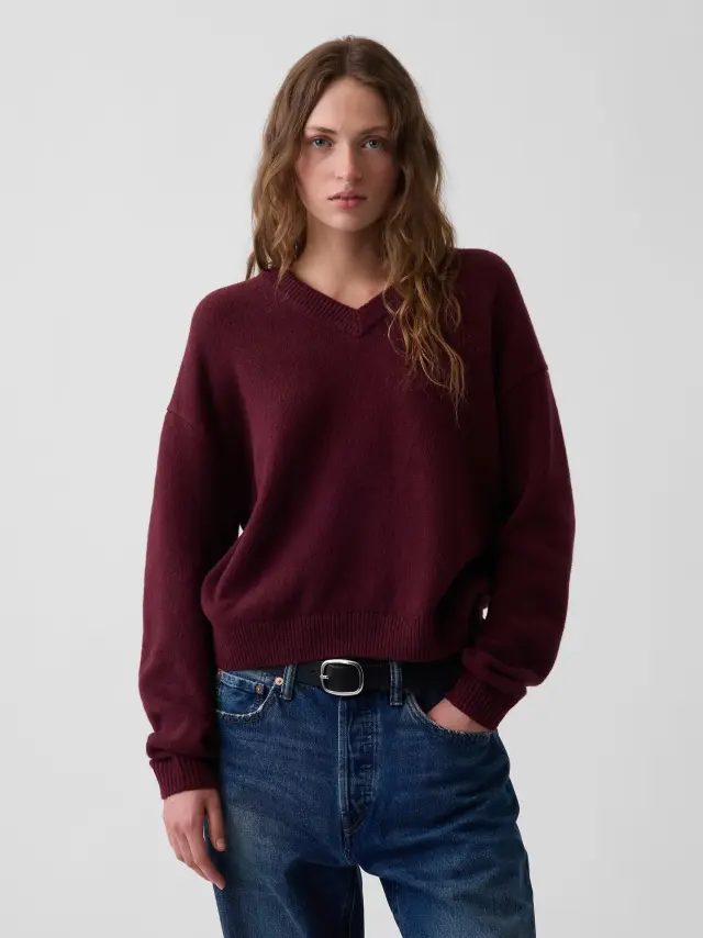 Γυναικείο Πουλόβερ CashSoft σε Oversized Γραμμή με V-Λαιμόκοψη Noir red