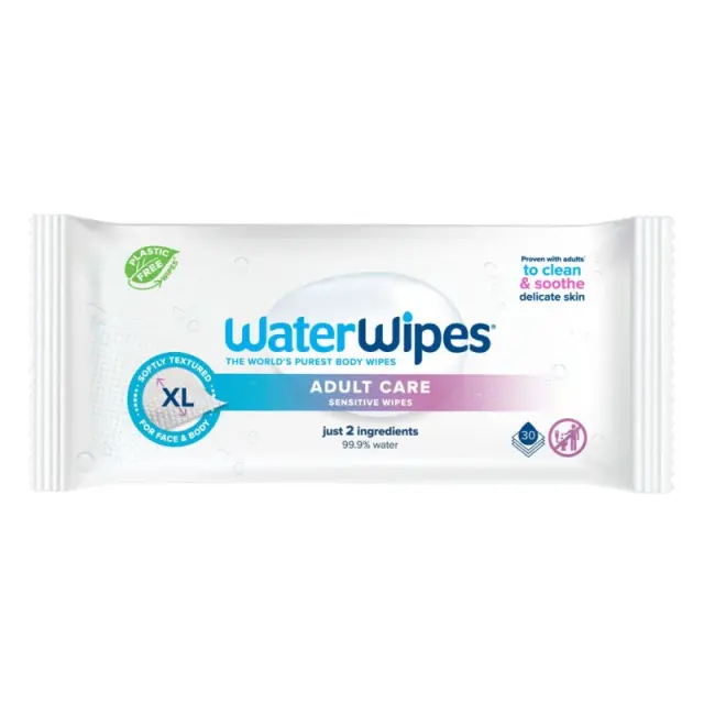 WaterWipes, Μαντηλάκια Καθαρισμού Ενηλίκων, XL Μαντηλάκι, 100% Plastic-free Άοσμα, 99.9% Νερό, 30 Μαντηλάκια