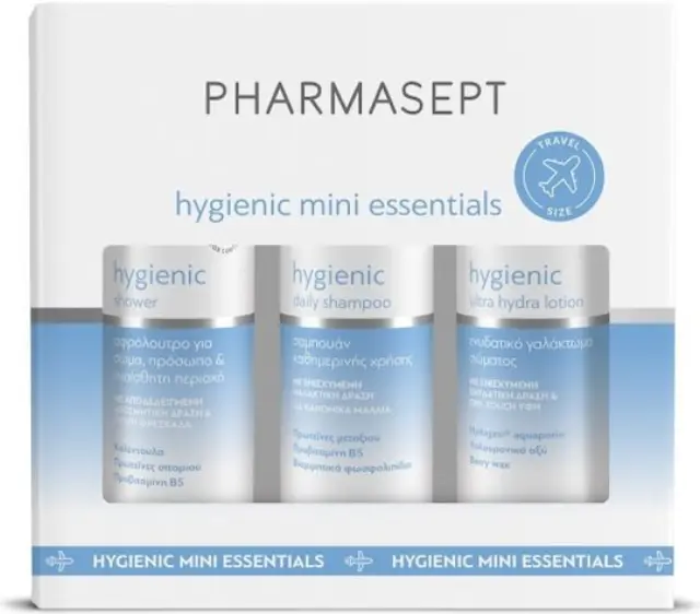 Pharmasept Hygienic Mini Essentials Σετ Περιποίησης με Hygienic Daily Shampoo Σαμπουάν, 100ml, Hygienic Shower Αφρόλουτρο, 100ml & Hygienic Ultra Hydra Lotion Λοσιόν Σώματος, 80ml, 1σετ