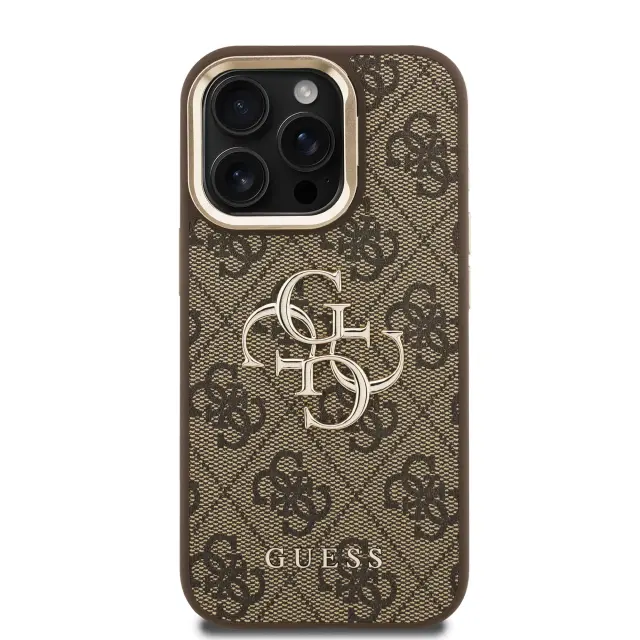 Guess PU 4G Metal Logo Stand Camera Frame Case for iPhone 15 Pro Max Brown