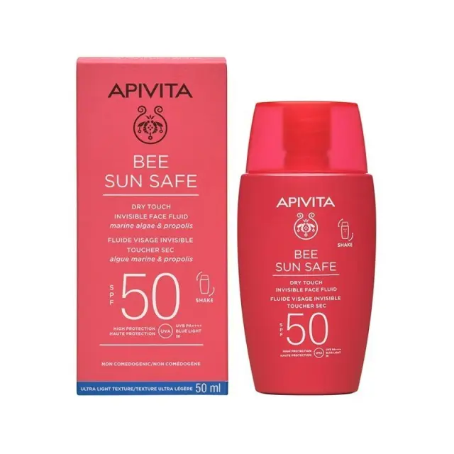 APIVITA BEE SUN SAFE Λεπτόρρευστη Kρέμα Προσώπου Dry Touch SPF50| Αντηλιακό ελαφριάς υφής με πουδρέ φινίρισμα με πρόπολη, θαλάσσια φύκη & υαλουρονικό