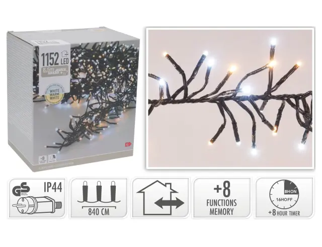1152 Φωτάκια LED - 8.4 Μέτρα + 3 Μέτρα σύνδεσης, Κανονική Διάταξη, με χειριστήριο, 8 προγράμματα, Μαύρο καλώδιο PVC - Λευκό, Θερμό Λευκό AX8550540