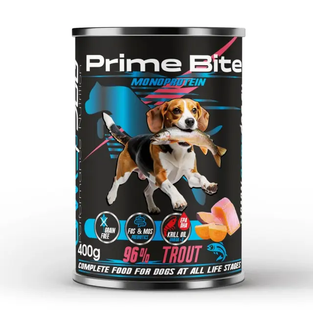 PRIME BITE Monoprotein Trout with sweet potato - wet dog food - 400g