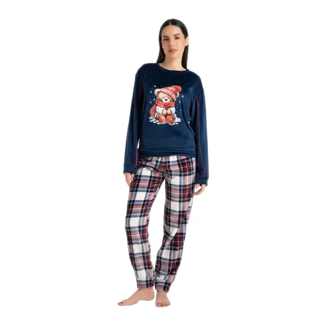 Rachel Γυναικεία Πυτζάμα Fleece με Καρό Παντελόνι Winter Bear, Χρώμα Σκούρο Μπλε