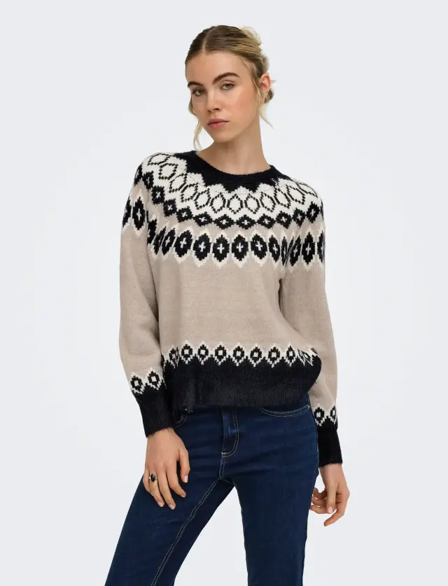 Only Onlrusty Πλεκτή Μπλούζα Fair Isle με Μακριά Μανίκια και Στρογγυλή Λαιμόκοψη Μαύρο