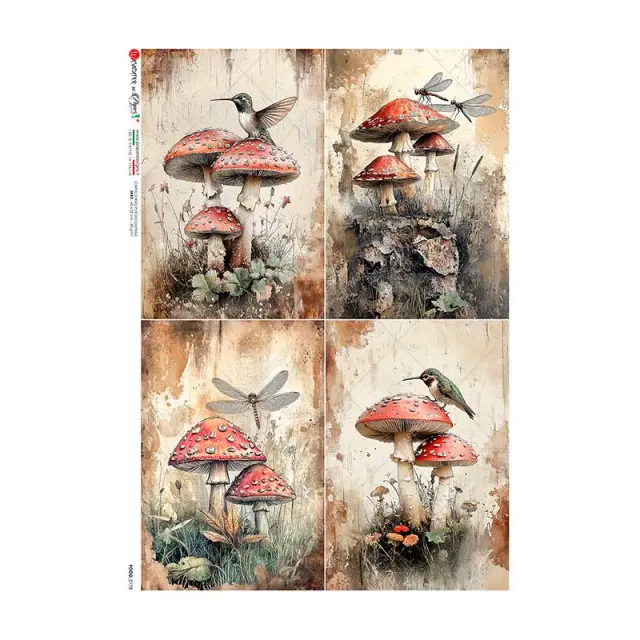 Ριζόχαρτο για Decoupage PaperD, Μανιτάρια και πουλιά, FOOD-0178, 22x32cm