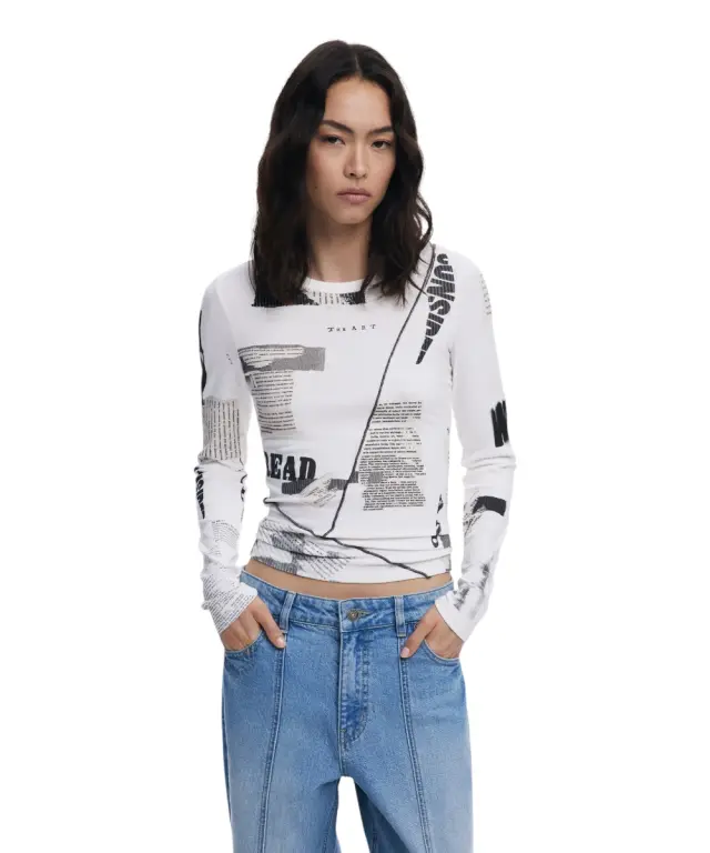 Desigual - Γυναικείο T-Shirt Μακρυμάνικο Newspaper Longsleeve 25WWTK25-1011 Λευκό - L