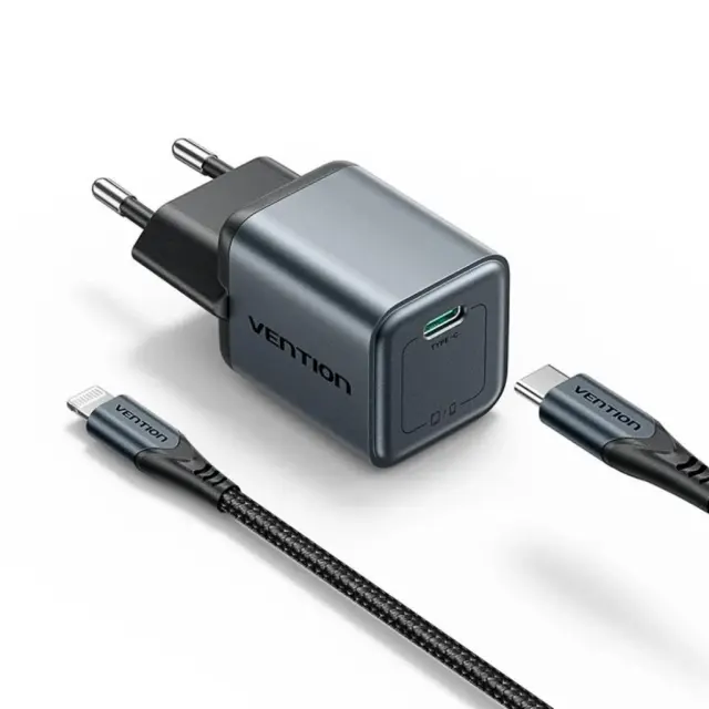 VENTION 1-Port USB-C GaN Charger (20W) Gray with USB-C to Lightning Cable (1M) Black EU-Plug (TZ-FEVH0-EU) (VENTZ-FEVH0-EU)
