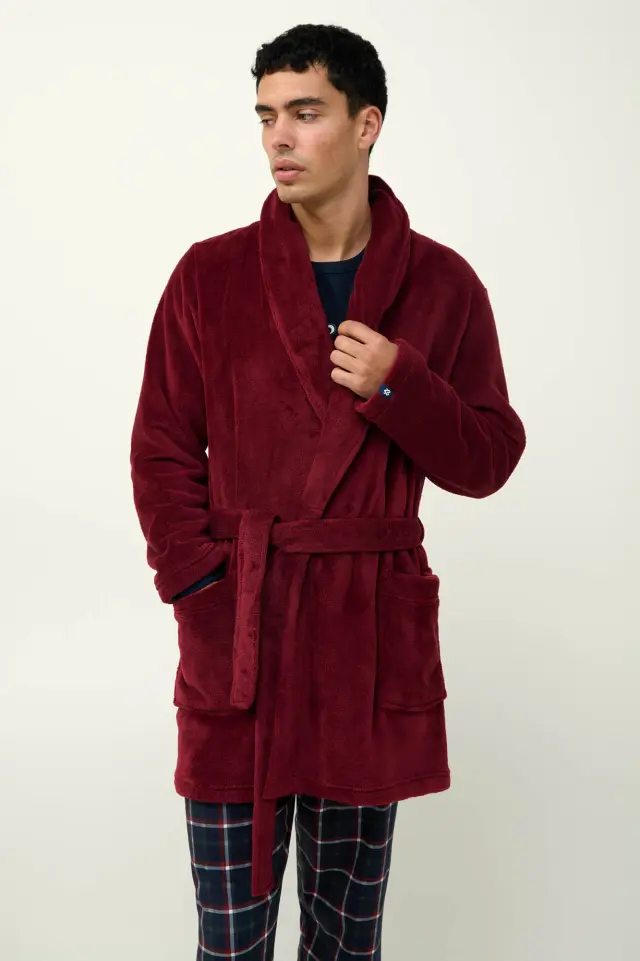 Fleece Μονόχρωμη Ανδρική Ρόμπα Vamp 23693 RED PORTO