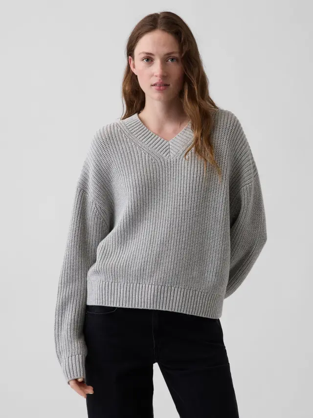 Γυναικείο Πουλόβερ σε Oversized Γραμμή με V-Λαιμόκοψη από 100% Βαμβάκι Light heather grey