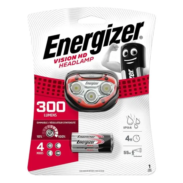 Φακός Κεφαλής Energizer Vision HD 3 Led 300 Lumens IPX4 με Μπαταρίες AAA 3 Τεμ. Κόκκινο