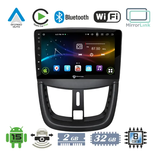 VenCore Οθόνη Multimedia Android 15 9" 9109A MTK6762 Octa-Core 2GB/32GB IPS με Πρόσοψη, CarPlay, Android Auto και Υποστήριξη Κάμερας Οπισθοπορείας AHD για Peugeot 207 2007-2012 – Μαύρη (3236-10007-0688B)