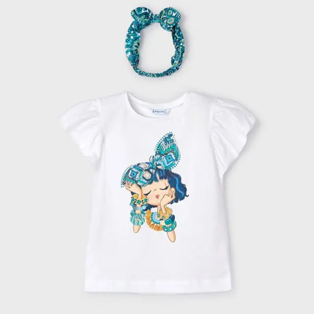 Mini 2 έως 10 ετών Μπλούζα με κορδέλα Better Cotton λευκό-πετρόλ - 6Ε