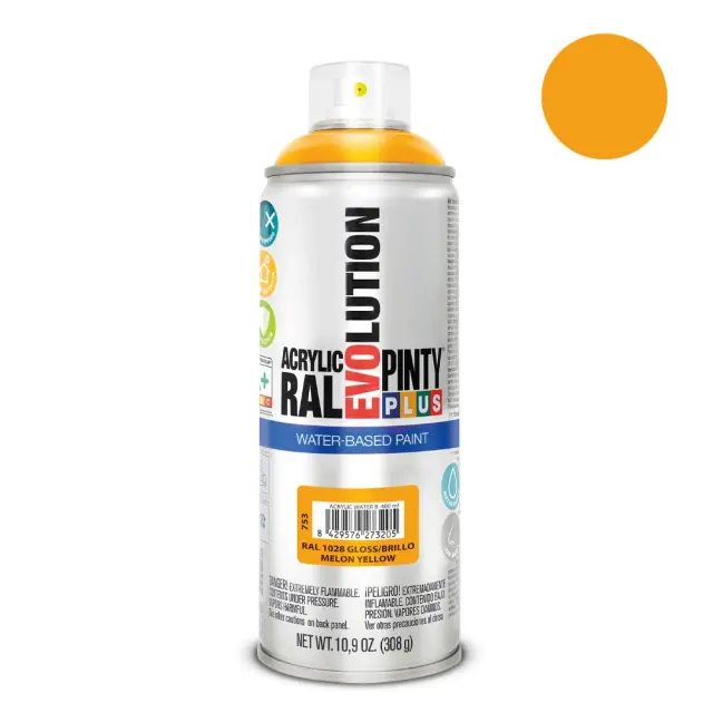 Pinty Plus Evolution Water-Based Gloss Σπρέι βαφής ακρυλικό με βάση το νερό 400ml Melon Yellow / RAL 1028
