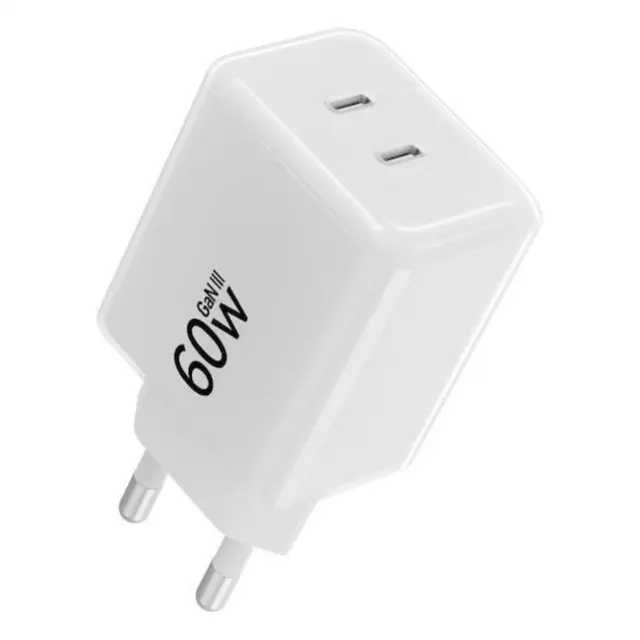 Phone charger Forcell F-Energy GaN III 2x USB C AVS SSFC3.0 60W + USB C to USB C white 2