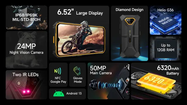 ULEFONE smartphone Armor X13, 6.52", 6/64GB, 6320mAh, IP68/IP69K, μαύρο 2
