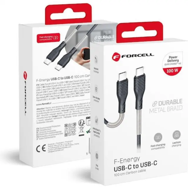 Cable USB C to USB C Forcell F-Energy QC4.0 PD 5A 100W Carbon 1 m CB-04C black