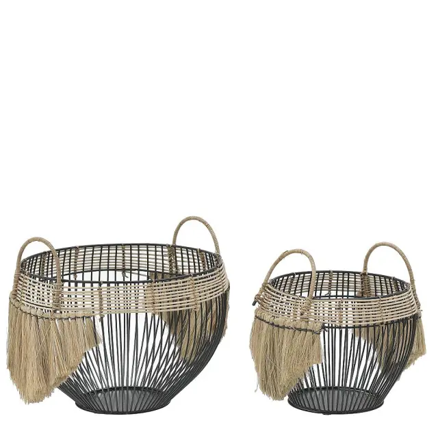 Καλάθι Μαύρο/Φυσικό Μέταλλο/Ψάθα Φ36x25/30cm/Φ28x21/27cm Σετ 2τμχ 3-70-983-0016