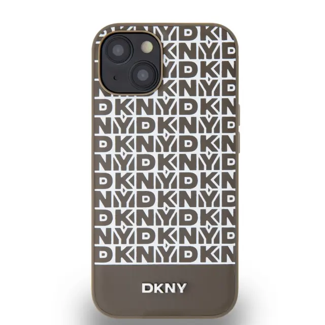 DKNY PU Leather Repeat Pattern Bottom Stripe MagSafe Case for iPhone 15 Brown 2