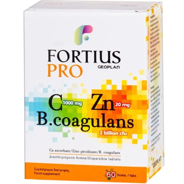 Geoplan Fortius Pro Vitamin C & Zn Probiotics Συμπλήρωμα Διατροφής με Βιταμίνη C, Ψευδάργυρο & Προβιοτικά, 60 διασπειρόμενα δισκία