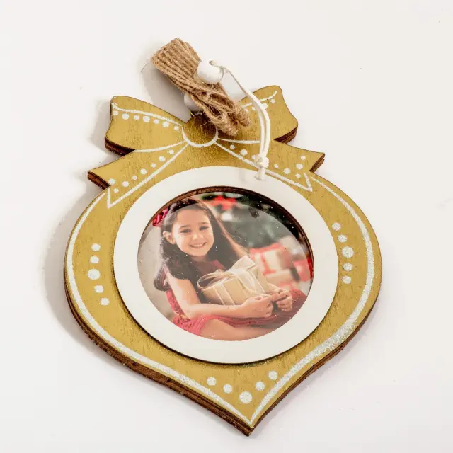Χριστουγεννιάτικο ξύλινο Στολίδι 9x12cm (χρυσό άσπρο) για φωτογραφία 5,5X5,5cm 2