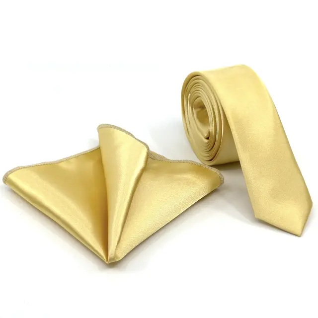 Κίτρινη Γραβάτα Σατέν Glossy Slim 4,5 cm με Ασορτί Μαντήλι 2