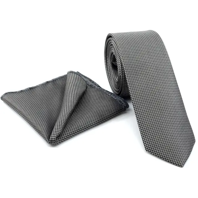 Γραβάτα Microfiber σε Σκούρο Γκρι Μοτίβο Σετ με Μαντηλάκι