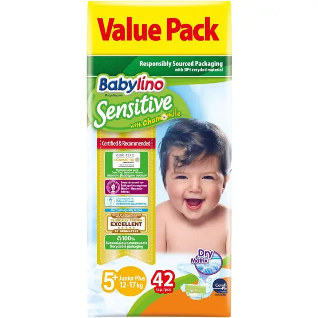 BABYLINO Πάνες με Αυτοκόλλητο Sensitive No. 5+ για 12-17kg 42τμχ 2