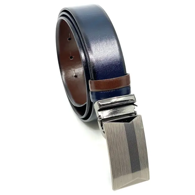 Μπλε Καφέ Ζώνη Διπλής Όψης P.U. Leather με Αγκράφα Πλακάκι 3,5 cm 3