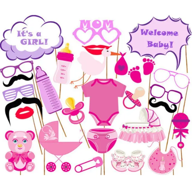 27 Τεμάχια Photo Booth Props Mustache Heart Crown DIY Kit for Baby Birthday Party - Pink 2