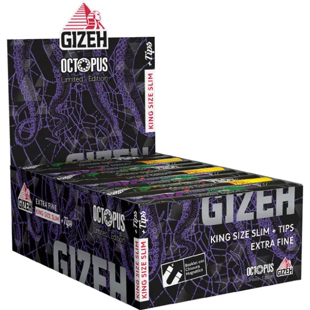 GIZEH Χαρτάκια Octopus Limited Edition Black King Size Slim 34φ. + Tips- Μαγνητικό Κλείσιμο 3