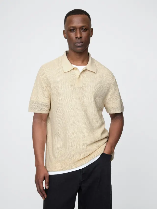 Μπεζ Textured Crochet Πόλο Μπλούζα Chino - XXL