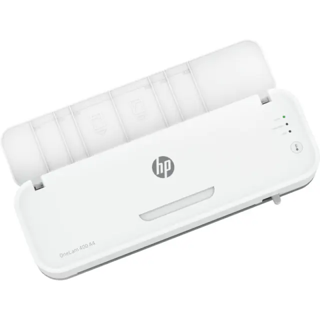HP ONELAM 400 A4 laminator, Hot/Cold, integrated trimmer, corner rounder, speed 40 cm/min + 15 pouches: 3xA4, 4xA5, 4xA6, 4xB-CARD, white 3