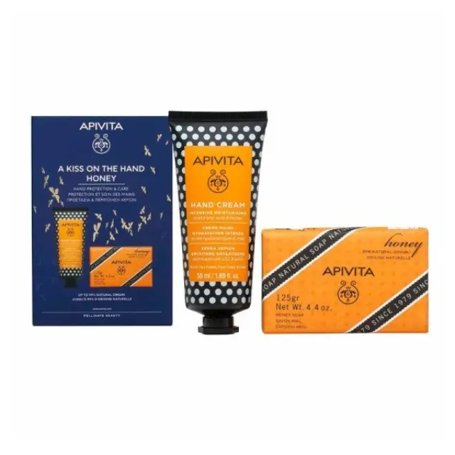 Apivita A Kiss On The Hand Honey Promo με Hand Cream Κρέμα Χεριών Εντατικής Ενυδάτωσης Πλούσιας Υφής, 50ml + Natural Soap Honey Φυσικό Σαπούνι, 125g, 1σετ