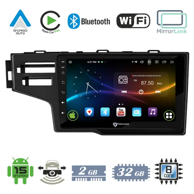 VenCore Οθόνη Multimedia Android 15 9" 9109A MTK6762 Octa-Core 2GB/32GB IPS με Πρόσοψη, CarPlay, Android Auto και Υποστήριξη Κάμερας Οπισθοπορείας AHD για Honda Jazz 2013-2020 – Μαύρη (3236-10007-0651B)