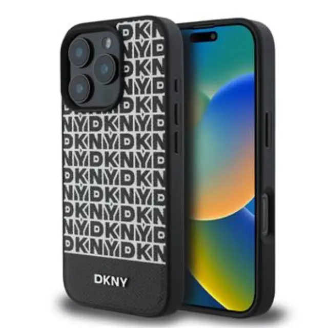 DKNY PU Leather Repeat Pattern Bottom Stripe MagSafe Case for iPhone 16 Pro Black