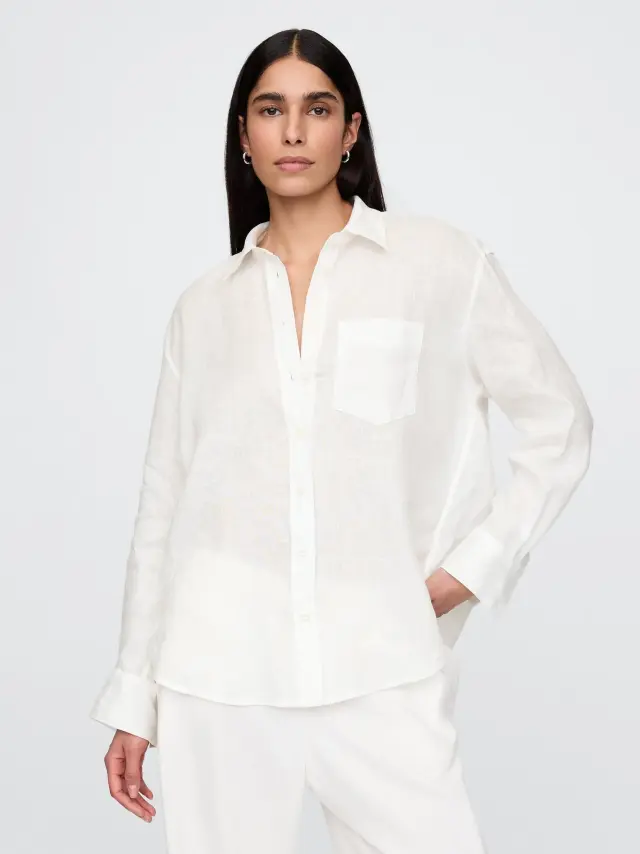 100% Λινό Relaxed Πουκάμισο New off white - L