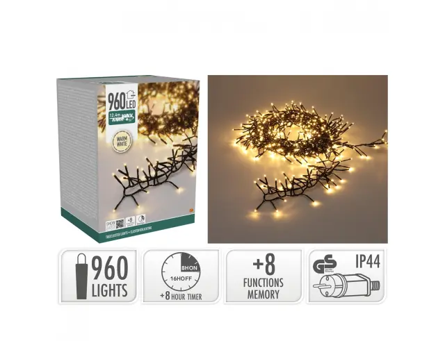 960 Φωτάκια LED - 12.4 Μέτρα + 3 Μέτρα σύνδεσης, Πυκνή Διάταξη, με 8 προγράμματα, Μαύρο καλώδιο PVC - Θερμό λευκό AX9560140 2