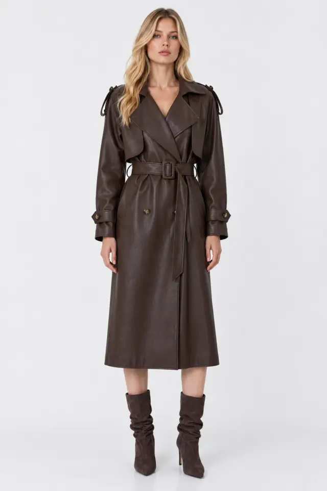 BSB LEATHER-EFFECT TRENCH COAT (0056-01570002-BROWN) - 42-medium