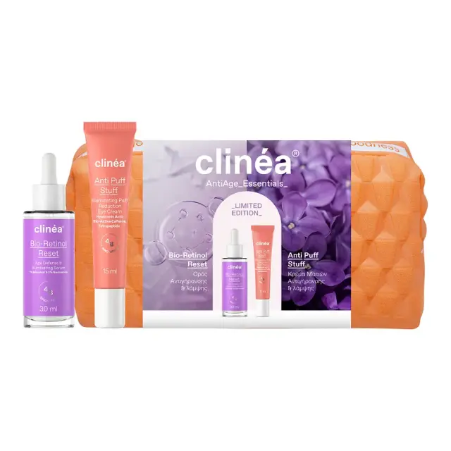 Clinea Limited Edition Gift Set Anti-Age Essentials Bio-Retinol Reset Ορός Προσώπου, 30ml, Anti Puff Stuff Κρέμα Ματιών, 15ml & Δώρο Νεσεσέρ, 1τεμ, 1σετ
