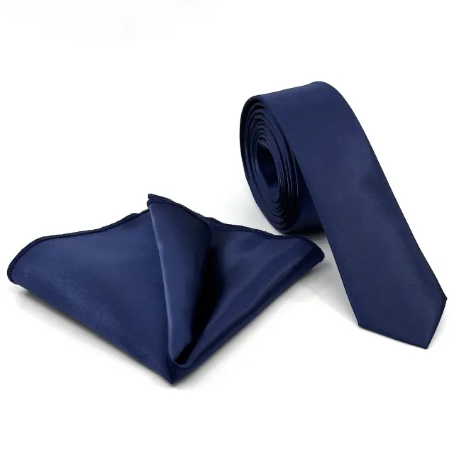 Μπλε Γραβάτα Σατέν Glossy Slim 4,5 cm με Ασορτί Μαντήλι 2