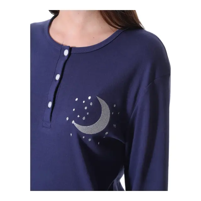 Lydia Creations Γυναικεία Πυτζάμα με Κέντημα Φεγγάρι, Χρώμα Σκούρο Μπλε 2